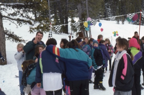 1990's Race Finish Line with Group of People