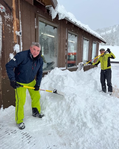 2023 Aaron Weissman — The Lodge Deck — 56" storm cleanup, Shovel and you get free skiing! Facebook Post from 02-20-2023