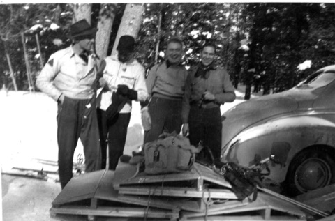 1941 Ed Schenck, George Prentice, Rowe and Bob Selzer near car with gear-Donated by Donna Wahlberg