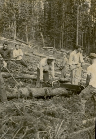 1950s Bill "Willi" Reynolds, Harlan Cory Cutting Trees