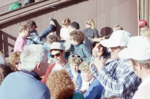 1989 Big crowd of people on lodge deck - Frank Ball Photo