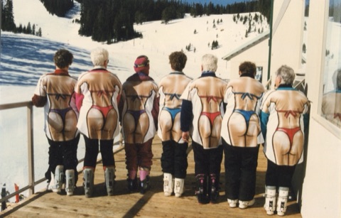 Late 1990s? Skiers on Bar Deck with Bikini shirts