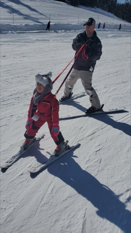 2020 Matt Hall, Sophie Hall — Learning Area — Matt Hall is teaching Sophie Hall how to ski