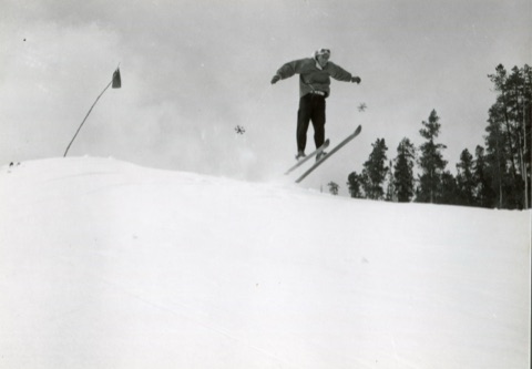1940s Vintage photo of a man jumping on skis