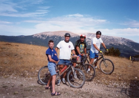 1990s Charley Willett, George Willett, Jim Gold, Dave Elmquist — Little Belt Mountains — Summer Biking near showdown