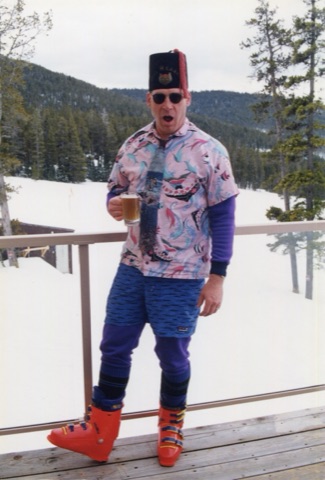 1999 Dave Elmquist — The Bar Deck — Tacky Attire Day drinking a beer in ski boots