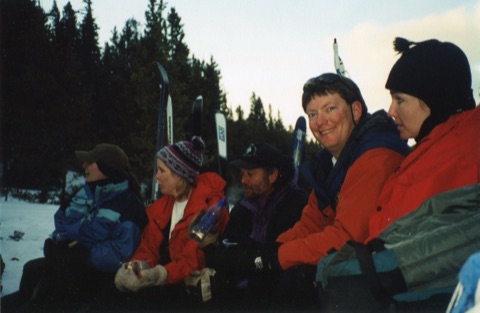 1990s Toni Pullum Quinn, Chris Quinn, Jason Huestis — Top of the mountain — Group of Ski Patrollers