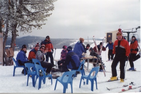 1990s Top of the mountain — Group of people and Ski Patrollers