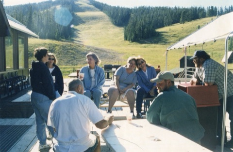 2000 Summer Party Debbie Trenberth, Margie Willett, Katie Boedecker, Bonnie Noble, Dick Neble, Brandon Boedecker, George Willett on deck