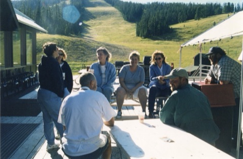 2000 Summer Party Debbie Trenberth, Margie Willett, Katie Boedecker, Bonnie Noble, Dick Neble, Brandon Boedecker, George Willett on deck 2