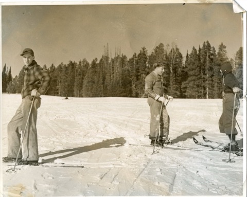 1936 Tom Corbally - Right, Bob Moran - Left, Lillian Willcomb check Bovey Slope out to ski for first time