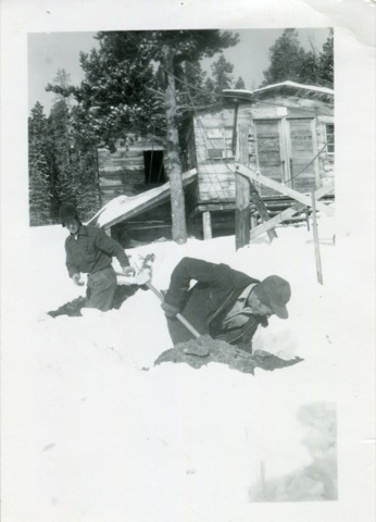 1940s Men Shoveling Snow Warming Hut? Top of Rope Tow