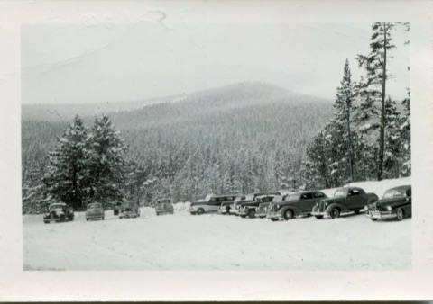 1941 View of Porphyry Peak, from the parking lot with 1930s cars