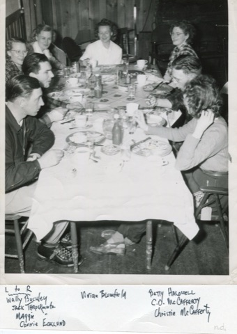 1947 L-R Wally Buckley, Jack Throckmorton, Maggie Throckmorton, Connie Ecklund, Vivian Blumfield, Betty Halowell, C.O. McCafferty, Christie McCafferty