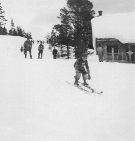 1940s A small boy skiing toward the camera