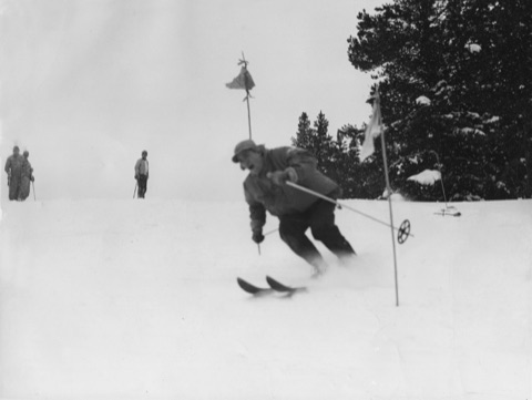 1940s Slalom racer rounding a flagged gate