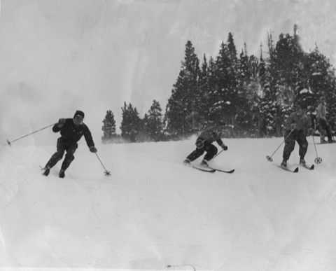 1940s Three skiers in fresh snow
