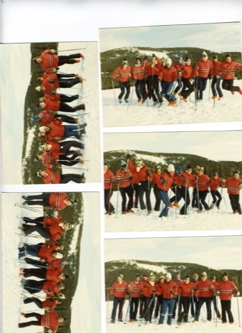 1970s-80s Ski school staff in red jackets 1