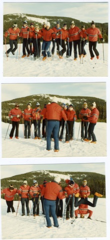 1970s-80s Ski school staff in red jackets 2
