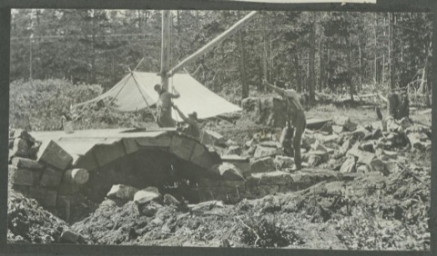 1916 Neihart Road, stone bridge at Sta. 84 under construction